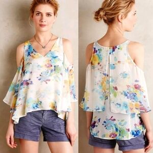 Anthropologie Floral Watercolor Cold-Shoulder Blouse in White